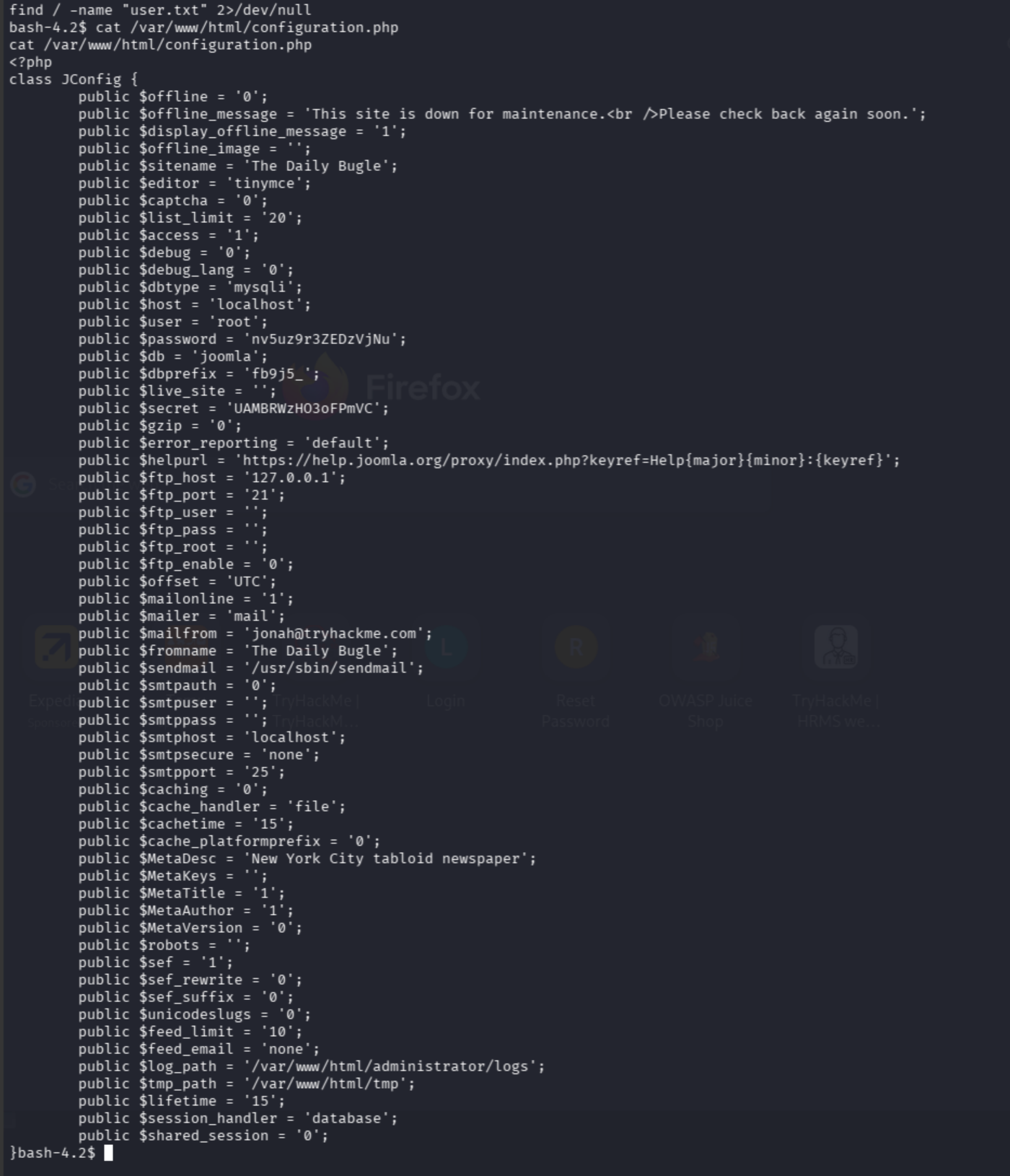 configuration.php showing plaintext DB credentials: root / nv5uz9r3ZEDzVjNu